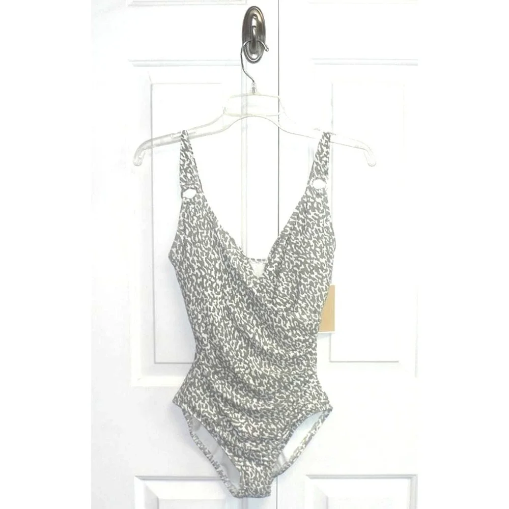 Michael Kors Hazy‎ Cheetah Surplice One-Piece Swimsuit in Safari Green Size 6